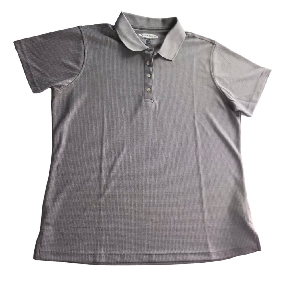 PEBBLE BEACH Golf Tennis Polo Shirt Short Sleeve.  Grid Pattern.  Gray / White.